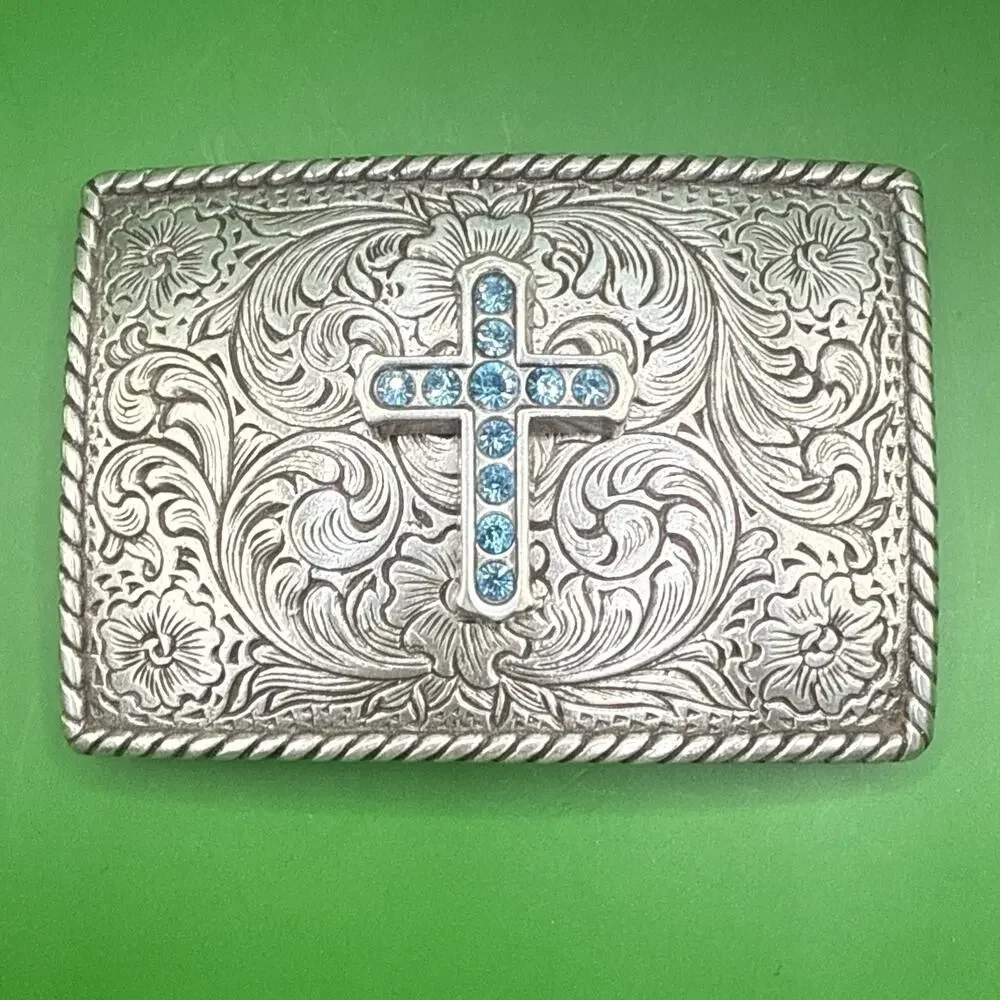 Nocona Womens Silver Tone Belt Buckle Blue Rhinestone Cross Floral Western Rodeo